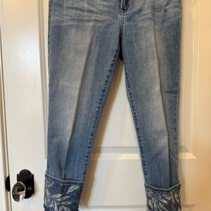 Chico’s women’s so slimming crop girlfriend Blue Jeans with Floral Cuffs